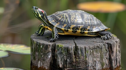 Obraz premium Close view of a yellow-bellied slider turtle on a wooden stump at Greenfield Lake, focusing on the interplay of textures and natural hues