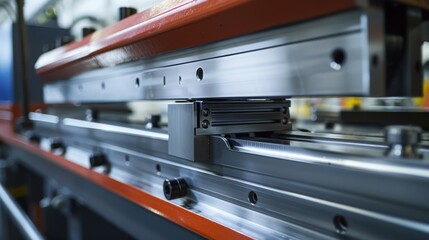 Close view of a press brake tool in action, focusing on the interaction between machinery and stainless steel in a factory setting