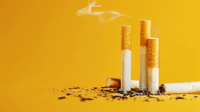 Cigarettes standing upright with one extinguished, smoke rising against yellow background
