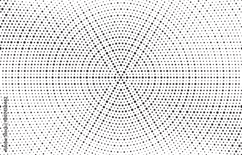 Poster Abstract radial halftone gradient background. Dotted concentric texture with fading effect. Black and white circle shade wallpaper. Monochrome dotted backdrop.