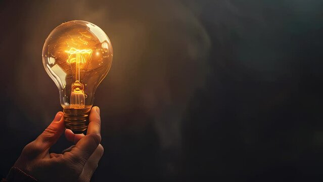 Hand holding illuminated light bulb against dark background with glowing effect
