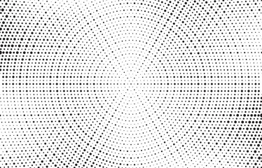 Naklejka premium Abstract radial halftone gradient background. Dotted concentric texture with fading effect. Black and white circle shade wallpaper. Grunge rough vector. Monochrome dotted backdrop design element.
