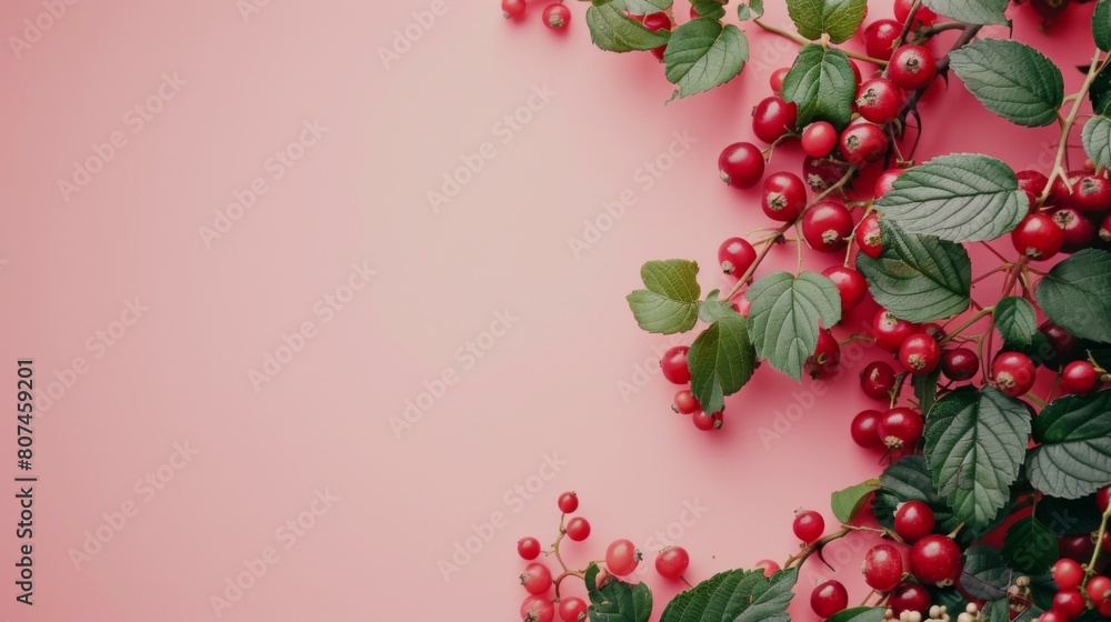 Wall mural A bunch of berries and leaves on a pink background. Generative AI.