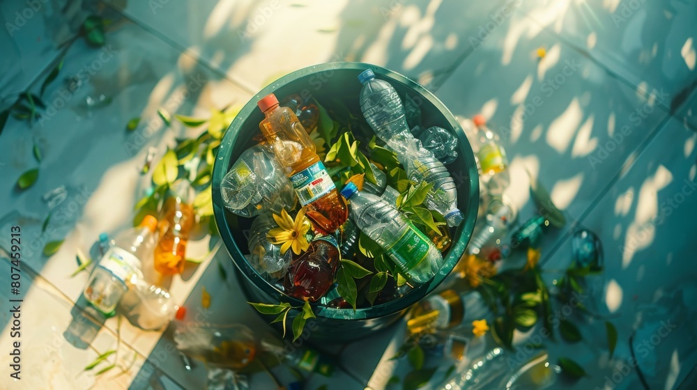 Poster a bucket filled with empty bottles and leaves on a tiled floor. generative ai.