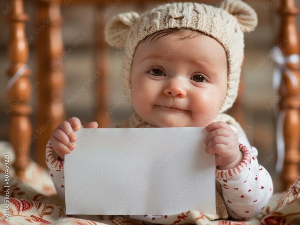 Sticker A baby in a hat holding a blank piece of paper. Generative AI.