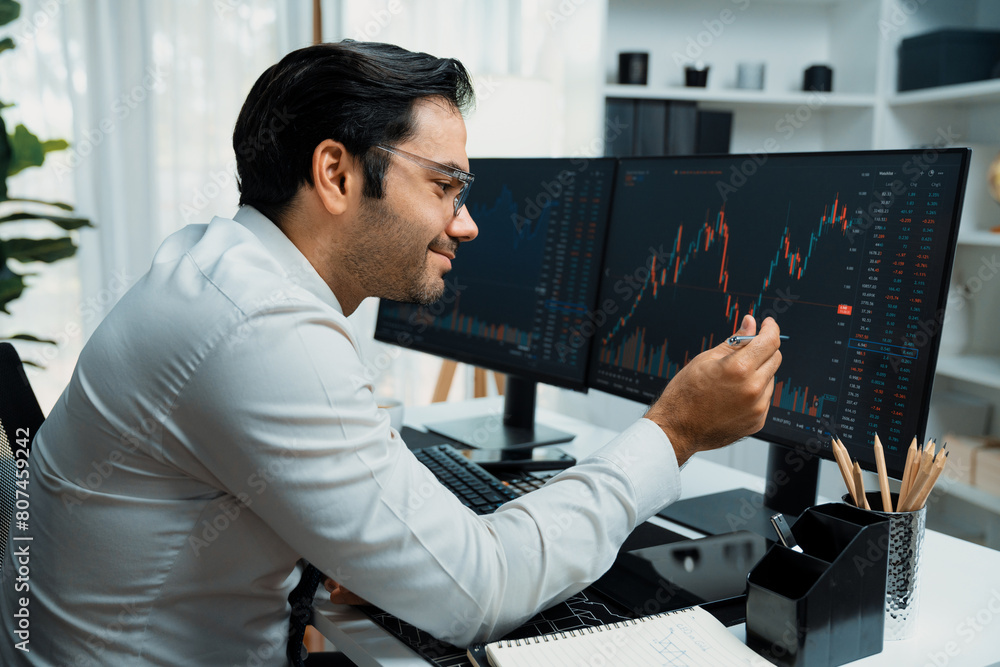 Poster smart trader businessman analyzing in two dynamic stock exchange investment screen on pc with invest