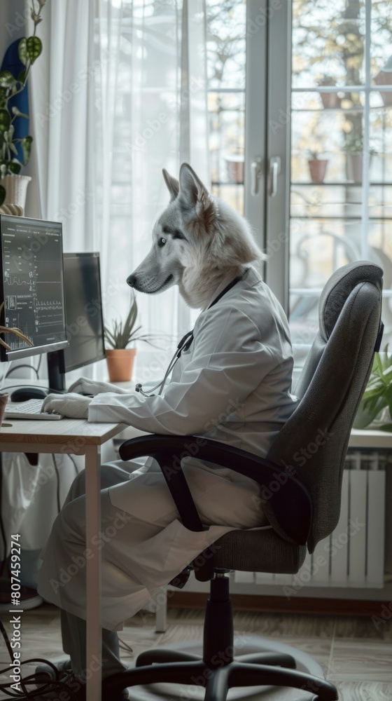 Poster a dog in a lab coat sitting at a desk with a computer. generative ai.