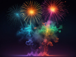 Colorful vibrant glittering fireworks Background with glow smoke and confetti banner ai generative