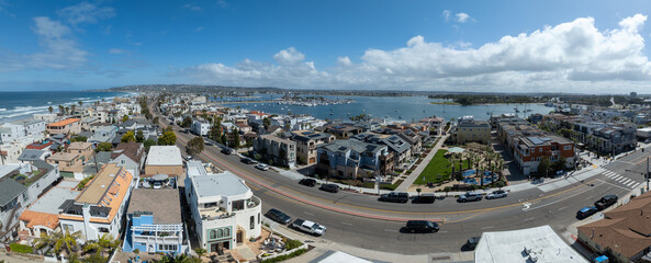 Aerial view of Mission Beach in San Diego California with sandy beach and vacation rental houses