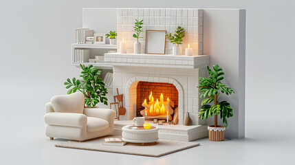 3D Flat Icon: Cozy Living Room with Fireplace - Person Unwinding by the Fire with Warm Drink in Isometric Scene