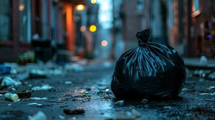 Gritty close-up of a tightly sealed dark waste bag, set against the backdrop of a dimly lit side street, focusing on urban decay
