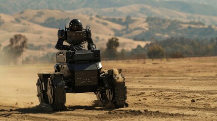 Fototapeta premium Dynamic view of a SWAT robot in action, practicing maneuvers at an outdoor range under the clear day sky