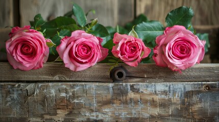 Detailed view of vibrant pink roses adorning a quaint wooden hearth, set in a handcrafted box, emphasizing rustic beauty