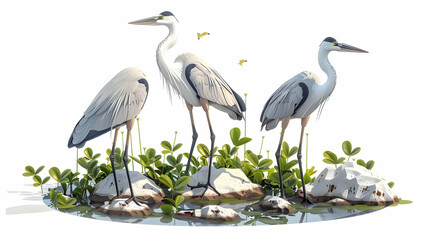 3D Flat Icon: Herons Foraging in Mangrove Tidal Pools Isometric Scene Concept
