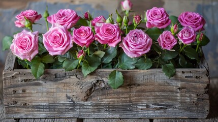 Detailed view of vibrant pink roses adorning a quaint wooden hearth, set in a handcrafted box, emphasizing rustic beauty