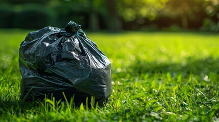 Detailed view of a black garbage sack on vibrant green grass, focusing on the contrast and textures
