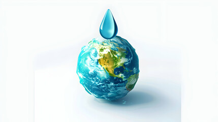 3D Flat Icon: Water Drop Globe Concept - Importance of Clean Water for a Healthier Planet in Isometric Scene