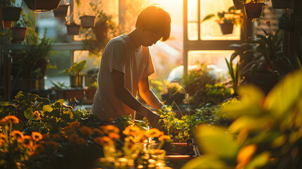 Serene Afternoon Gardening at Home: An individual enjoys the therapeutic benefits of tending to their garden in the warm glow of the afternoon sun, photo realistic concept