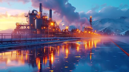 Geothermal water power plant, wideangle shot with turbines and steam columns, sustainable energy theme