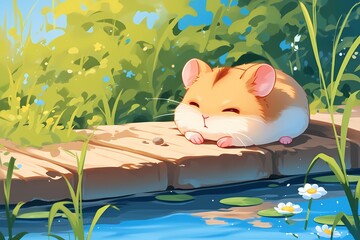 a cute cartoon hamster is sleeping on the river bank