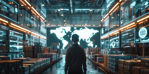 An importing business man looks at a large world map screen with warehouses and containers in the background