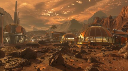 Fototapeta na wymiar a futuristic Mars colony with domed habitats and greenhouses nestled amidst the rocky terrain of the Martian surface