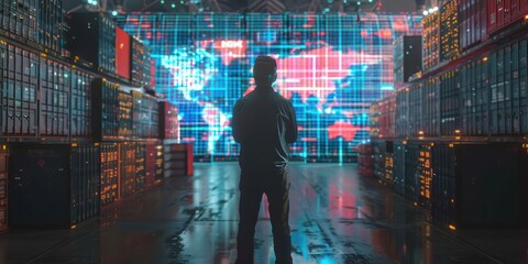 An importing business man looks at a large world map screen with warehouses and containers in the background