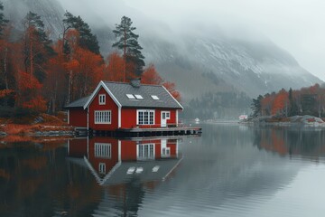 Fototapeta premium A serene red house standing on a pier surrounded by peaceful waters with misty mountains and autumn trees in the backdrop.