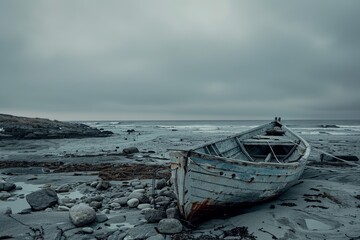 An old wooden boat abandoned on a desolate, rocky beach under a cloudy sky.