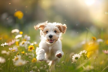 Joyful Puppy Bounding Through Lush Wildflower Field In Golden Light