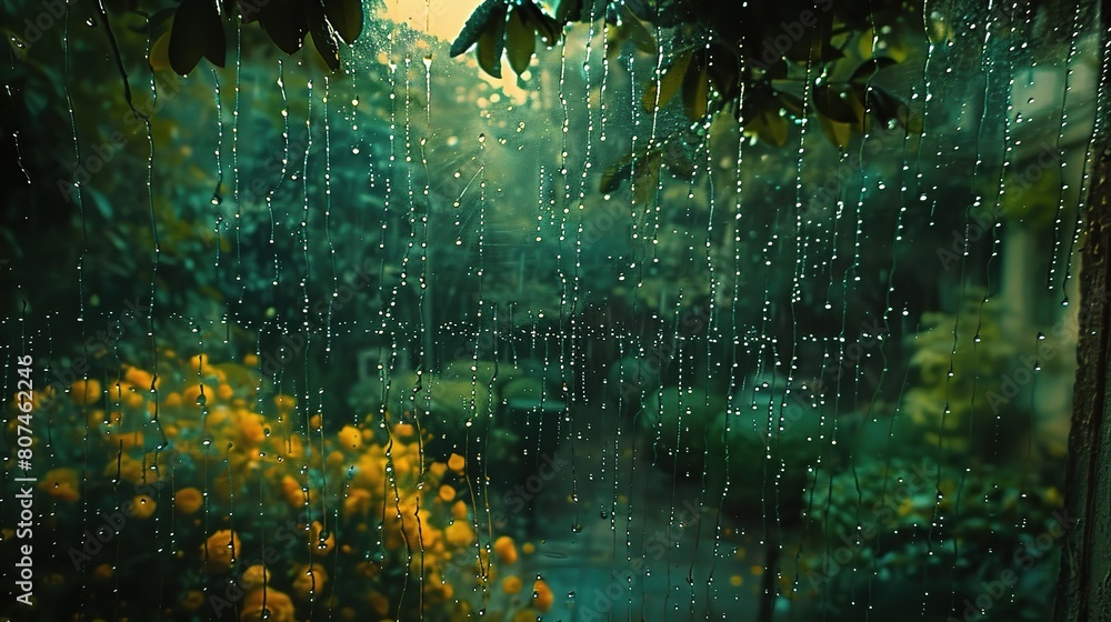 Poster raindrops falling on a windowpane, distorting the view of a tranquil garden beyond with streaks of w