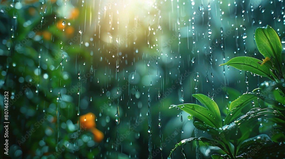 Poster raindrops falling on a windowpane, distorting the view of a tranquil garden beyond with streaks of w