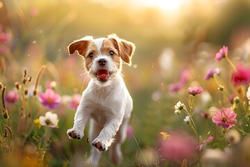 Playful Puppy Bounding Through Vibrant Wildflower Field With Warm Golden Lighting