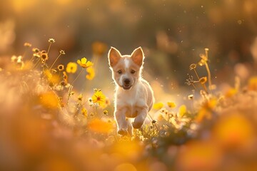 Playful Puppy Frolicking Through Vibrant Wildflower Field in Warm Countryside Lighting