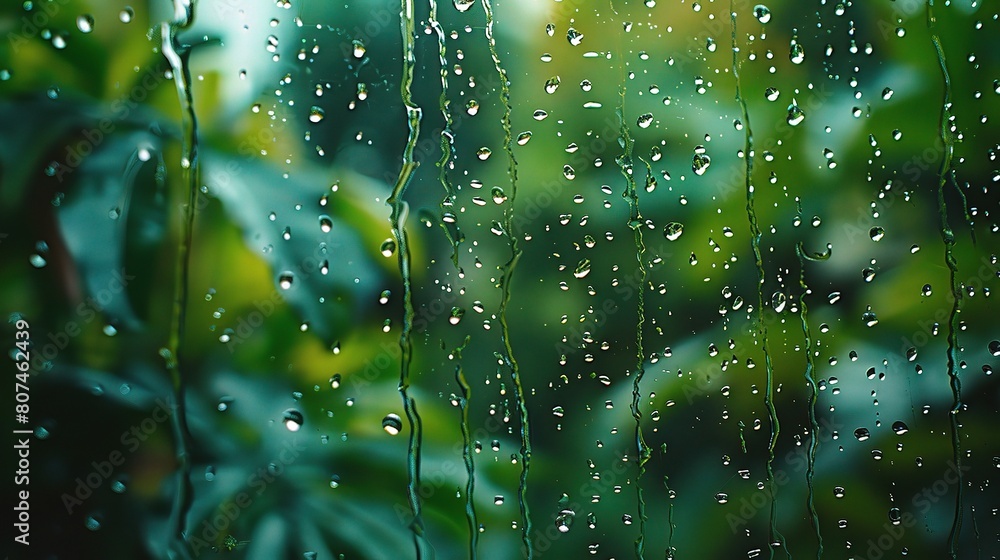 Poster raindrops falling on a windowpane, distorting the view of a tranquil garden beyond with streaks of w