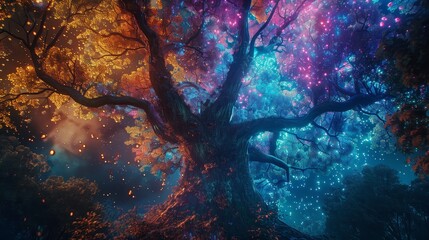 Majestic tree at the heart of a futuristic enchanted forest, detailed close-up showing vibrant, neon foliage