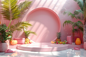 .Empty stylish podium 3D mockup background for beauty product presentation concept. Summer copy space platform surrounded by palm leaves . Cosmetics, perfume or home goods sales advertising stand.
