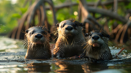 Enchanting Photo Realistic Image of Otters Playfully Swimming Near Mangrove Trees, Uplifting the Forest's Biodiversity - Stock Photo Concept