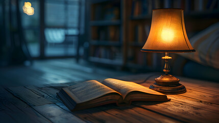 Tranquil Scene of Individual Reading Book by Lamp Light, Soaking in Quiet and Finding Peace through Evening Literature - Photo Realistic Concept