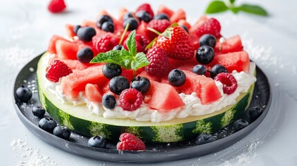 Intimate view of a watermelon pizza with a topping of yogurt and fresh berries, beautifully presented on a stark white background