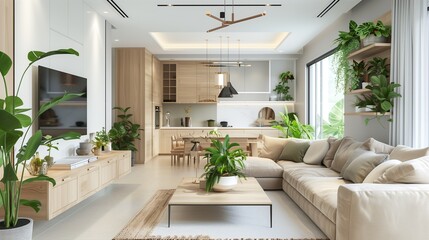 Naklejka premium Rustic Interior with Creamy Wood Furniture and Abundant Greenery - A Serene Home Decor Embracing Natural Elements and a Relaxed Aesthetic