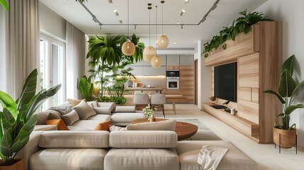 Naklejka premium Rustic Interior with Creamy Wood Furniture and Abundant Greenery - A Serene Home Decor Embracing Natural Elements and a Relaxed Aesthetic