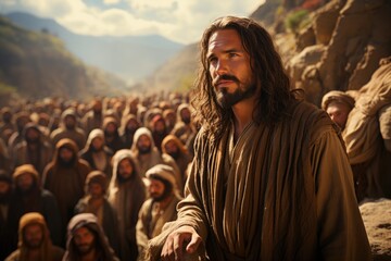 Biblical drama: vivid portrayal of Jesus Sermon on the Mount, capturing the essence of his...