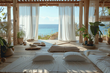 Obraz premium Curate a seaside wellness retreat, offering holistic therapies, mindfulness workshops, and beachside relaxation sessions 