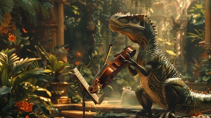 Animated Velociraptor conducting a Baroque symphony in a jungle setting, whimsical fusion of epochs and styles