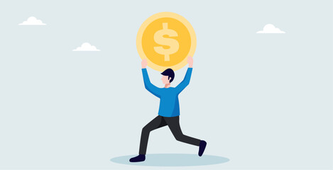 a businessman is carrying money coins, concept of working hard to gain success