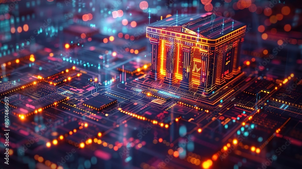 Poster conceptual visualization of bank technology, with dynamic colors and digital interfaces showcasing t