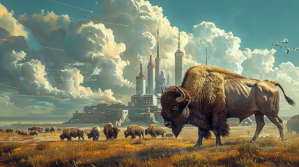 Bison herd grazing near a magnetism research facility, where nature meets high-tech scientific exploration - obrazy, fototapety, plakaty