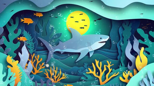 paper cut style of underwater world illustration with shark. seamless looping overlay 4k virtual video animation background