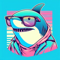 Shark Spectacle: A Whimsical, Pastel Synthwave Shark in Glasses - Playful Vector Art for Trendy T-Shirt Design. Generative AI